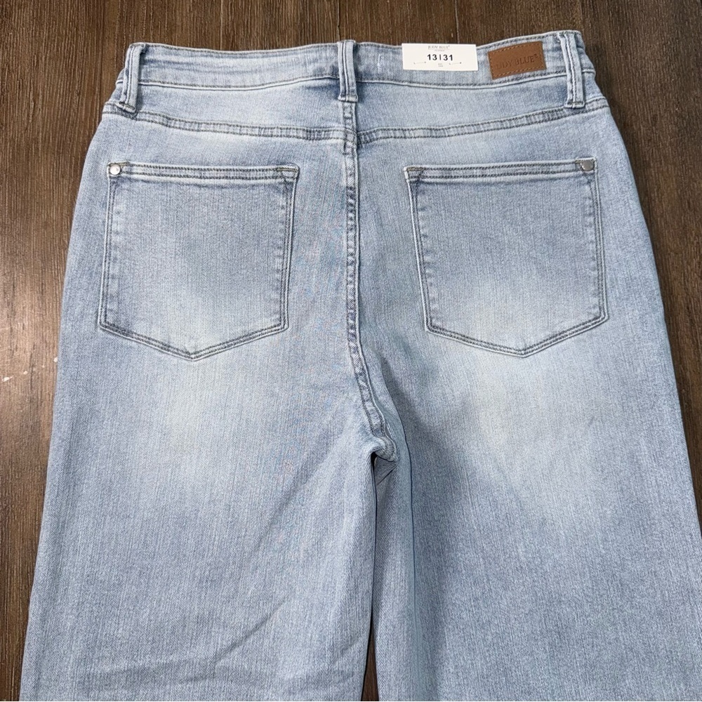 Judy Blue High Waist Wide Straight Leg Jeans Medium Blue Stretch Whiskered - Picture 11 of 12